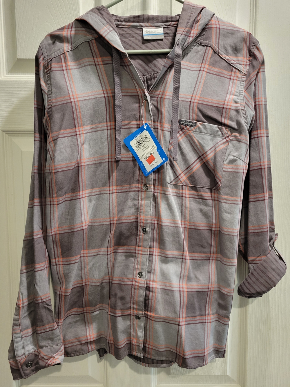 Womens L Columbia Blue and Orange Plaid Hooded Long-Sleeve Shirt - Picture 2 of 8